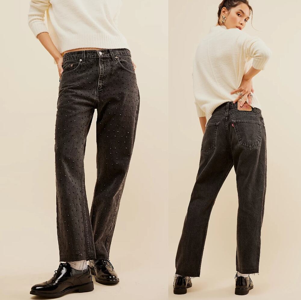 NWT Free People  X Tricia Fix Studded Jeans Gray Straight Leg High Waist Size XS
